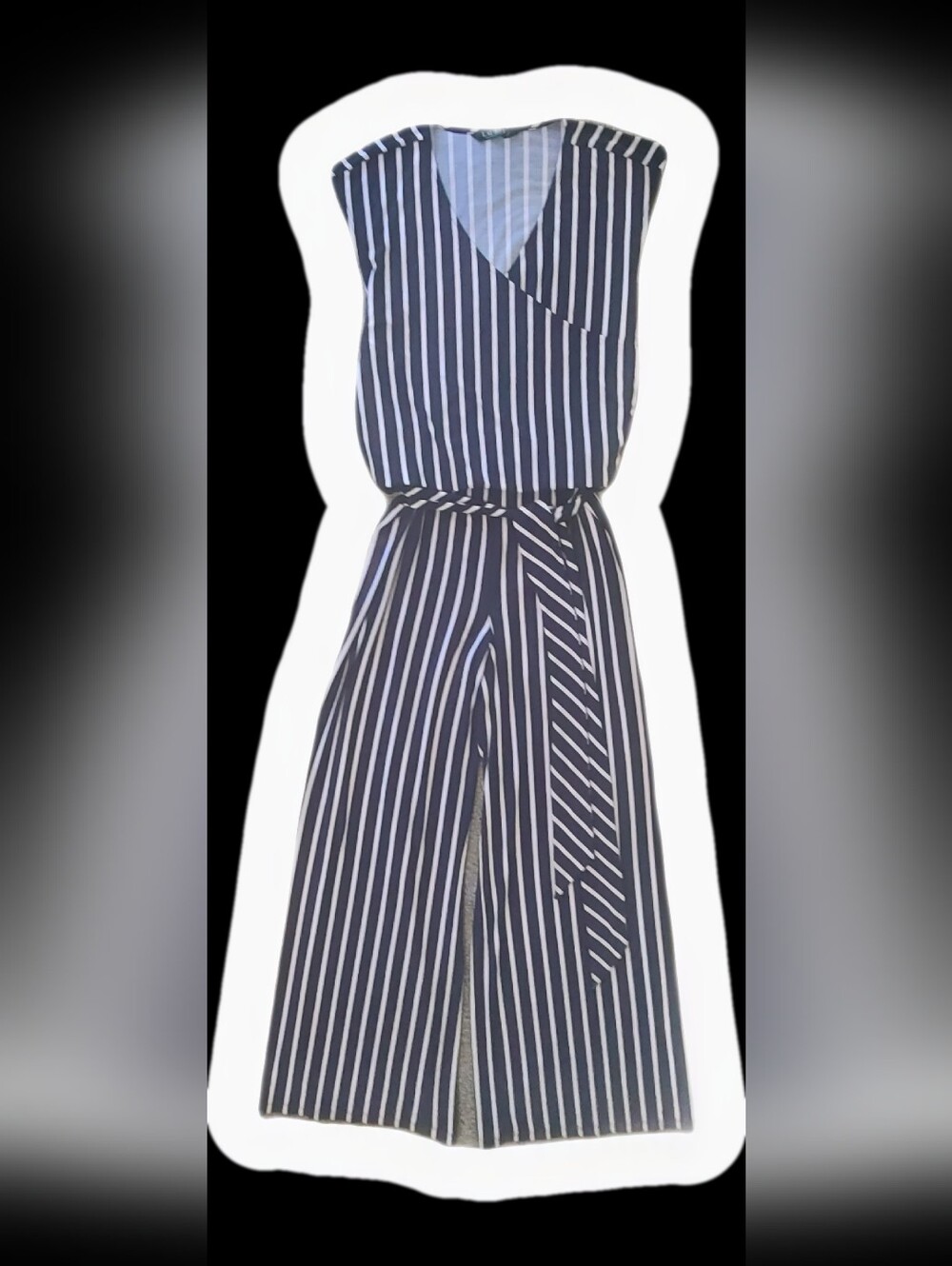 Ralph Lauren Navy Blue & White Striped Wrap Wide Leg Belted Sleeveless Jumpsuit